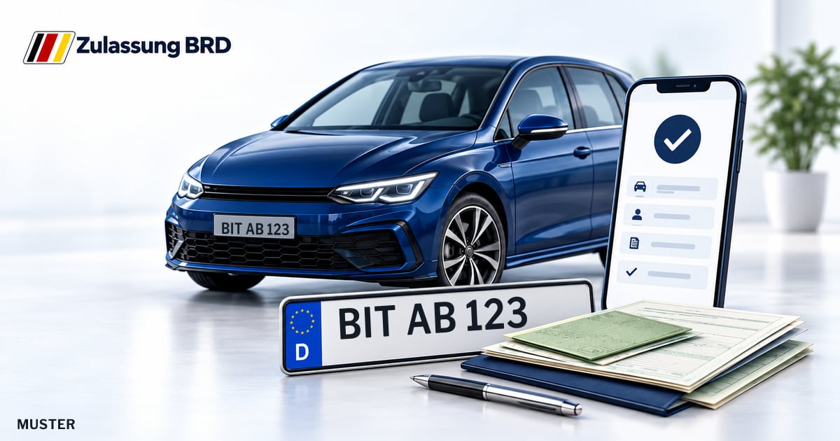 Online Fahrzeugzulassung in Bitburg: Musterkennzeichen BIT AB 123, Auto und Fahrzeugpapiere und Smartphone. Illustration mit Logo von Zulassung BRD.